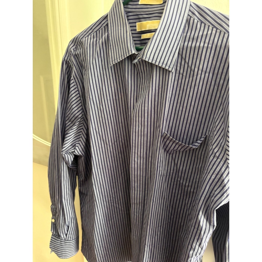 Michael Kors Mens Blue White Striped Dress Shirt Non Iron Cotton XXL 18 36/37